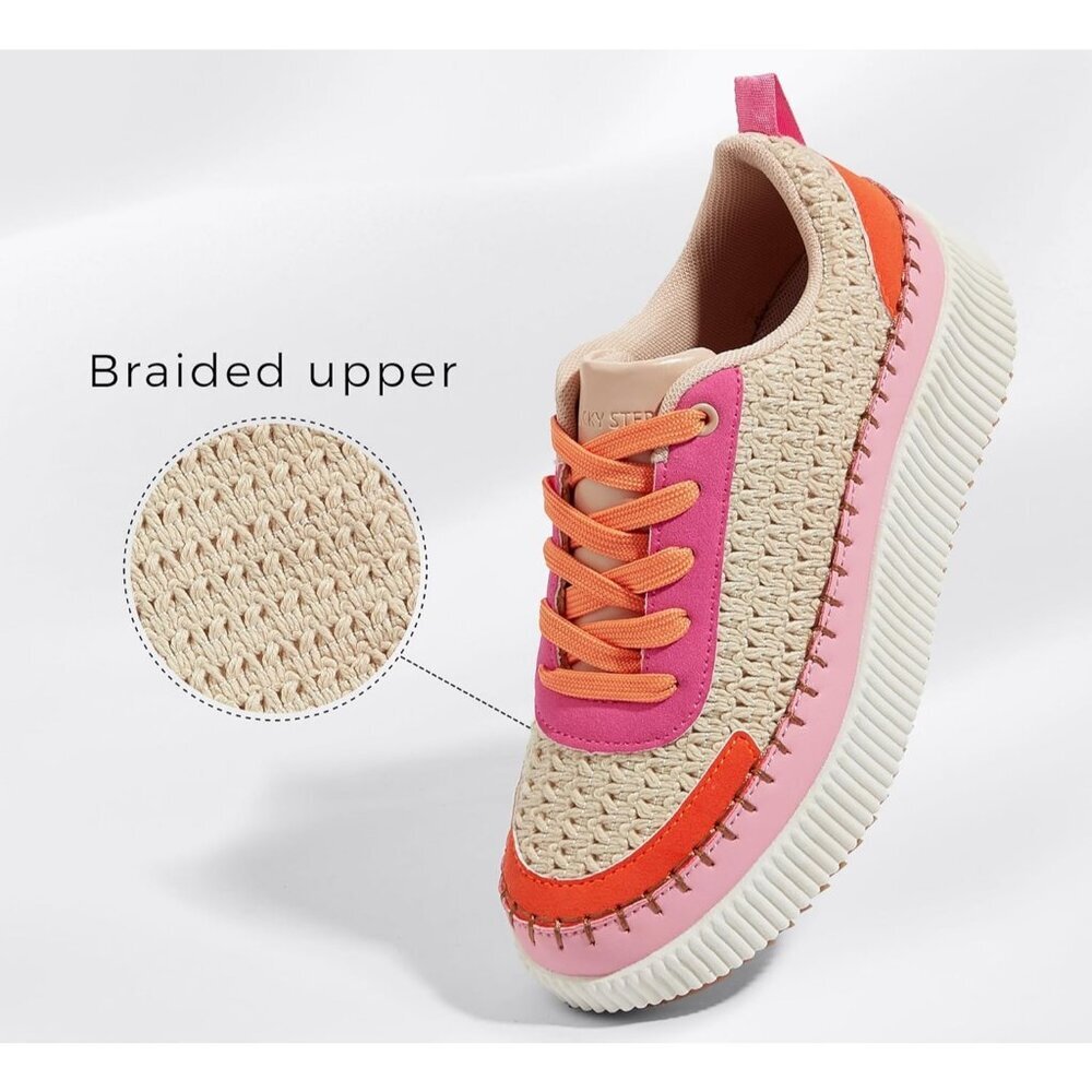 Lucky Step Women's Pink Orange Platform Sneakers Rhinestone Fashion Chunky Shoes - Picture 3 of 6